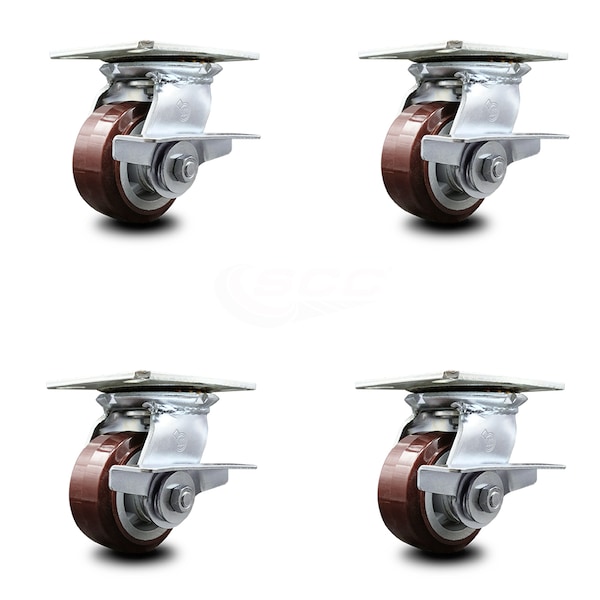 4 Inch Heavy Duty Polyurethane Caster Set with Ball Bearings and Brakes SCC
